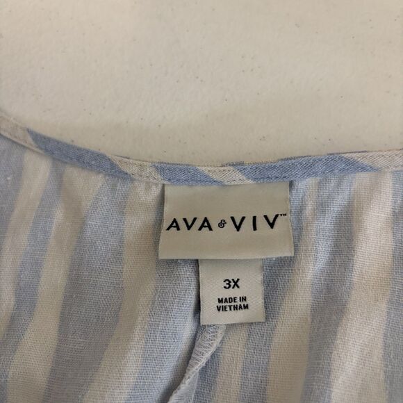 Ava & Viv Blouse Women's 3X Striped Short Sleeve Tie Linen Blend Printed - Picture 7 of 9